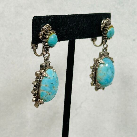 Womens Earrings Blue Stone Cabochon Silver Tone 1.75" Western Clip On Jewelry - Picture 4 of 11
